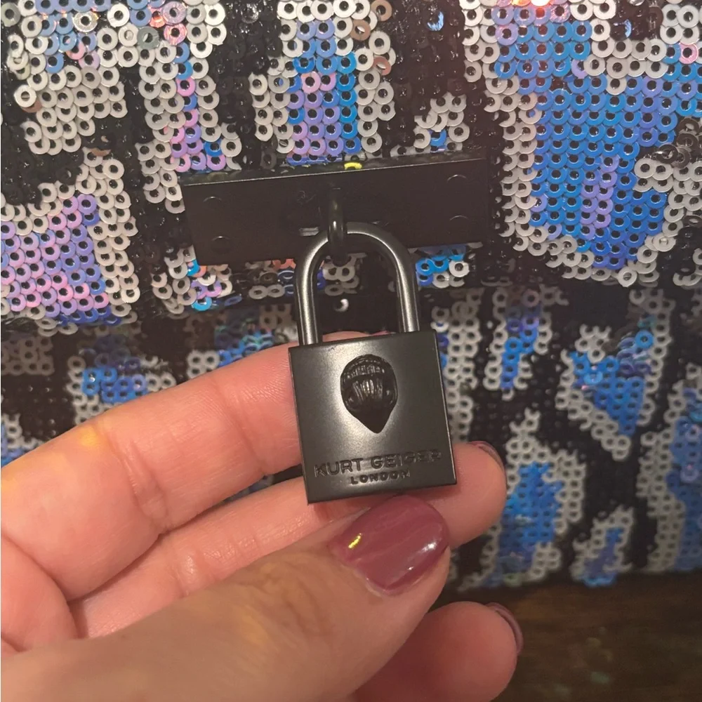 Kurt Geiger Blue & Purple Sequin Leopard Crossbody with Black Chain - Picture 3 of 8